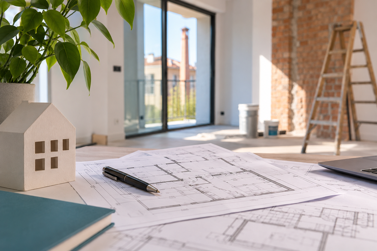 Planos y maqueta de proyecto de arquitectura